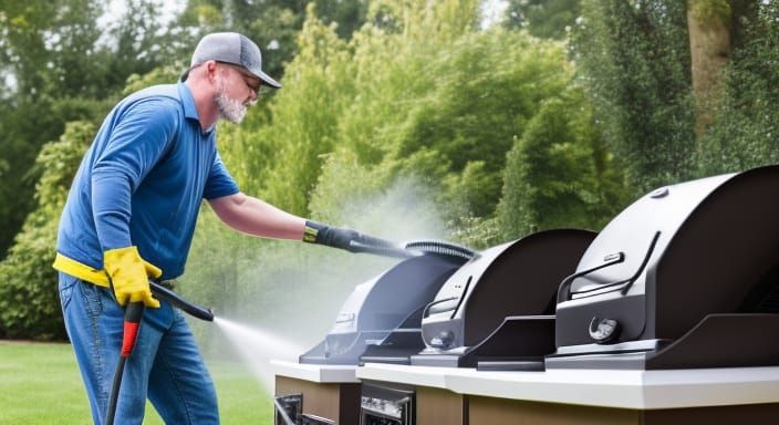 Man Cleans Gas Grill with Power Washer