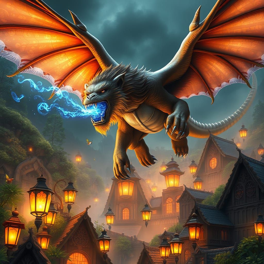 Majestic Lion-Gorilla-Dragon Hybrid Soars Above Whimsical Fa...