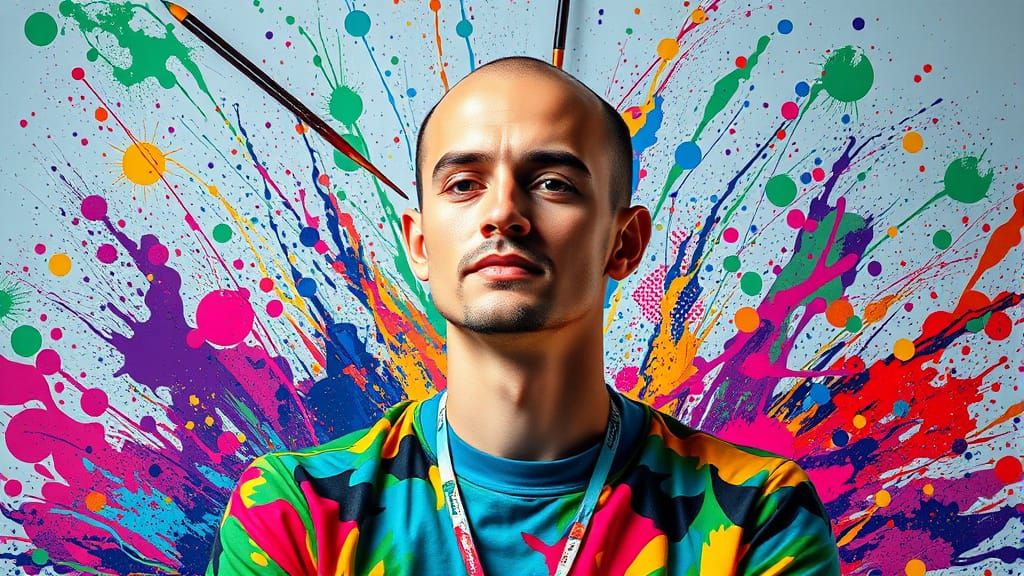 Vibrant Artist Creates Whimsical Splash Art on Bald Man's He...