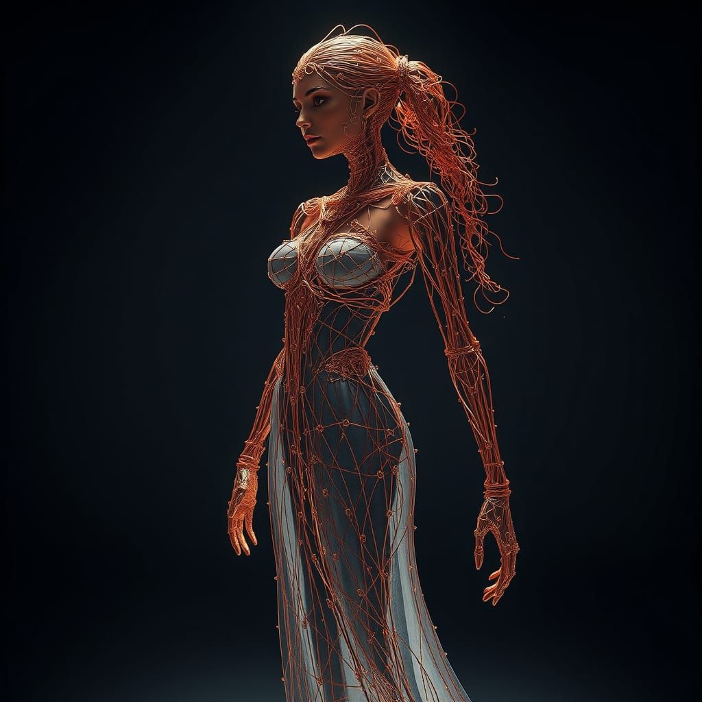 Hyperrealistic Copper Wire Woman in Industrial Studio