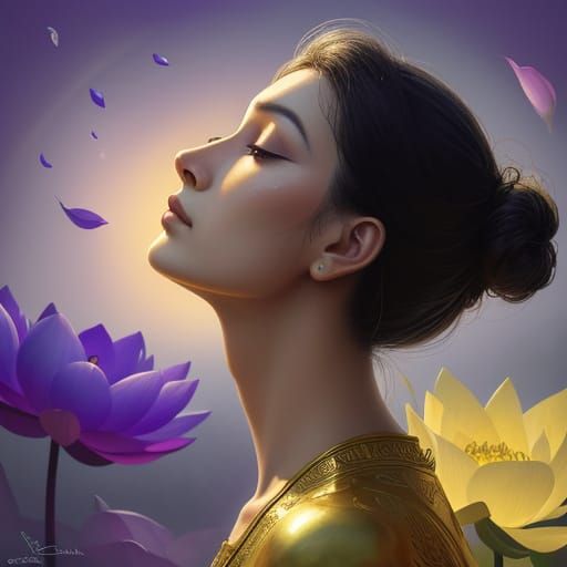 Surreal Oil Painting of a Meditating Figure in a Lotus Flowe...