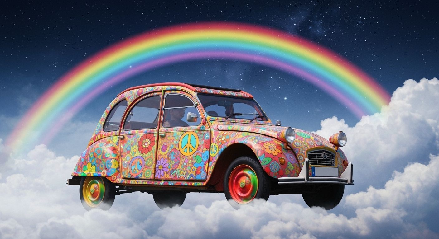 Psychedelic 2CV Drives Under Rainbow in Starry Sky