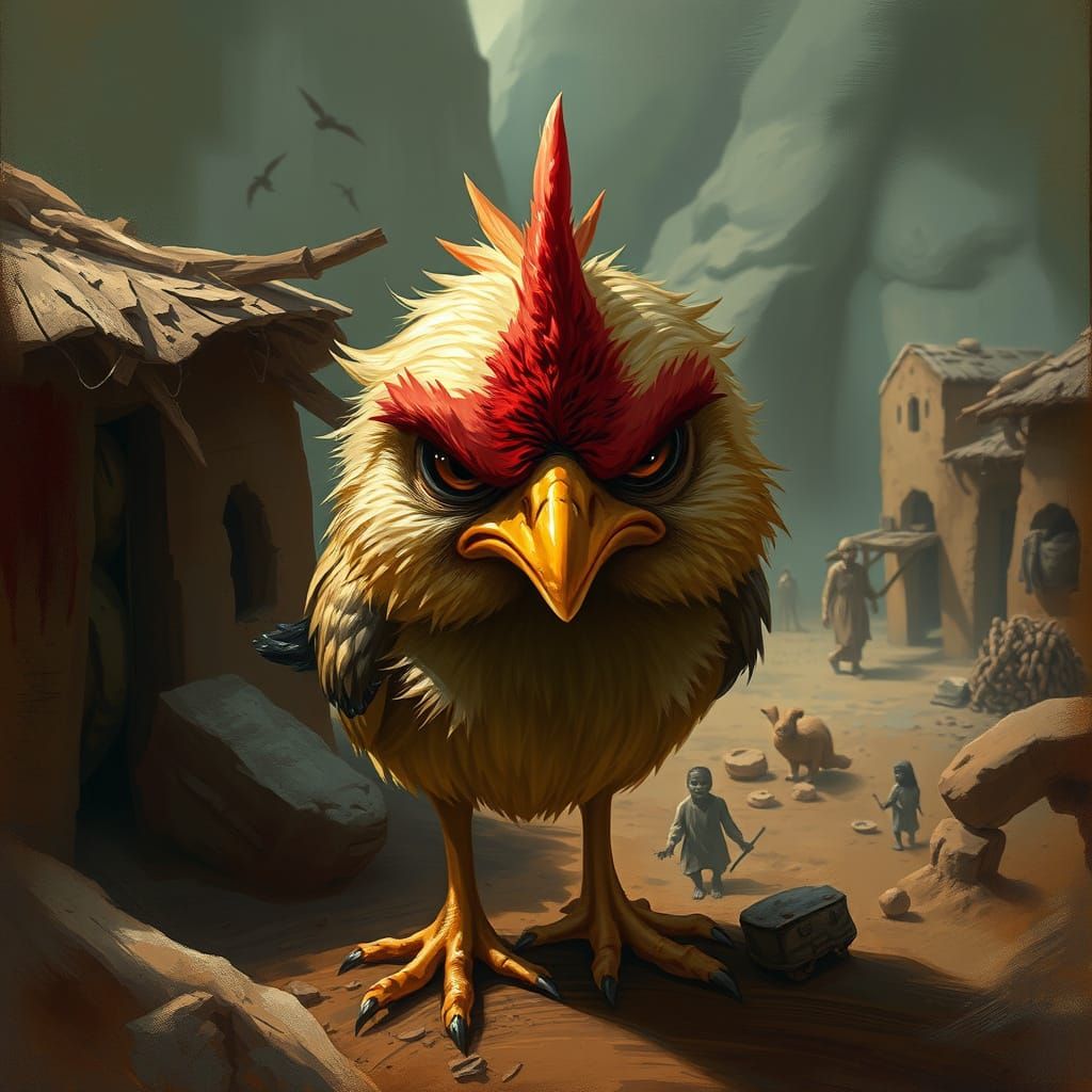 Grumpy Chick in Earthy African Village, Digital Art