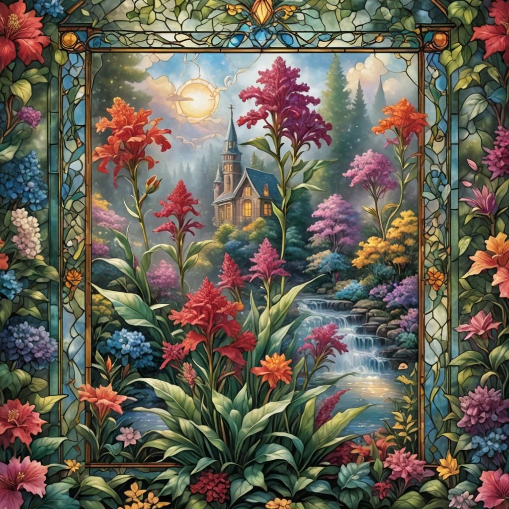 Ethereal Stained Glass Celosia Flower in Fantasy Style