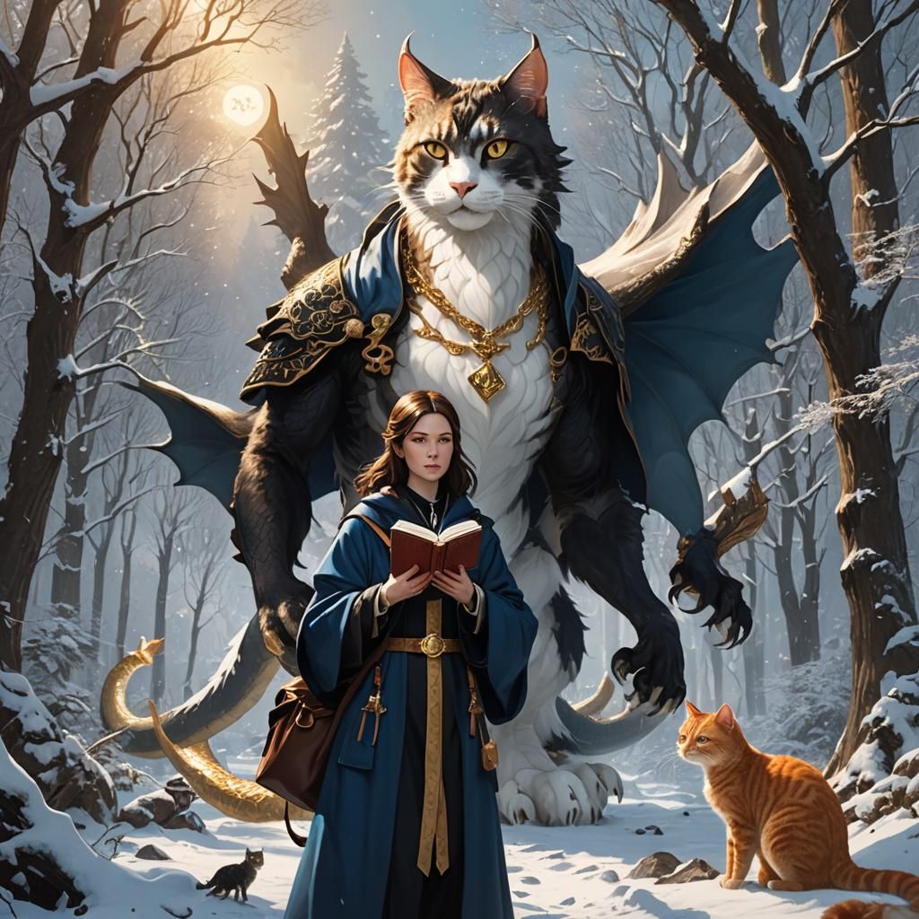 Girl with Cats and Dragon in Snowy Forest