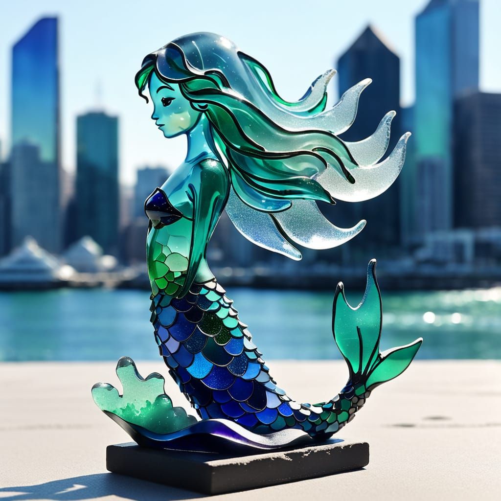 Glass Mermaid and City Skyline in Emerald and Cobalt