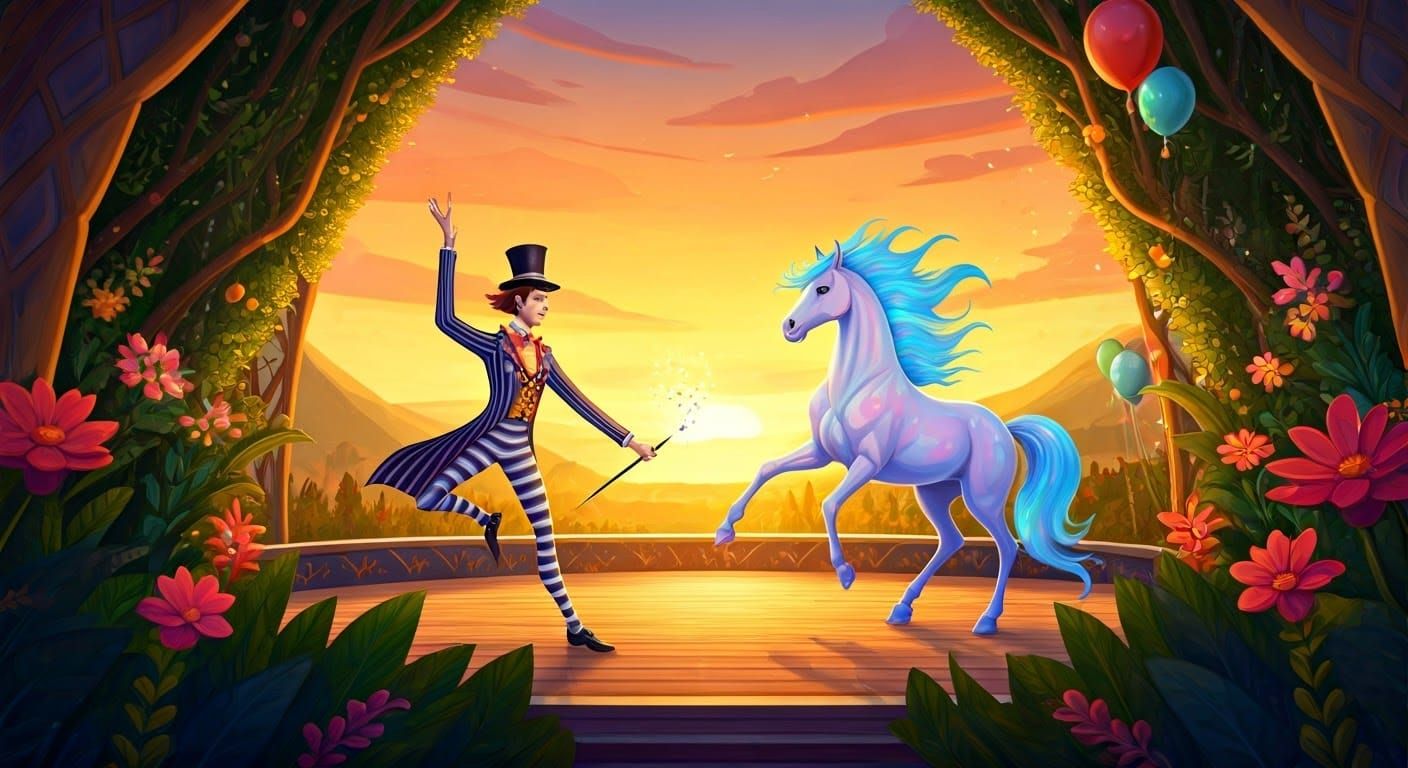 Vibrant Fantastical Scene of Acrobat and Magical Horse