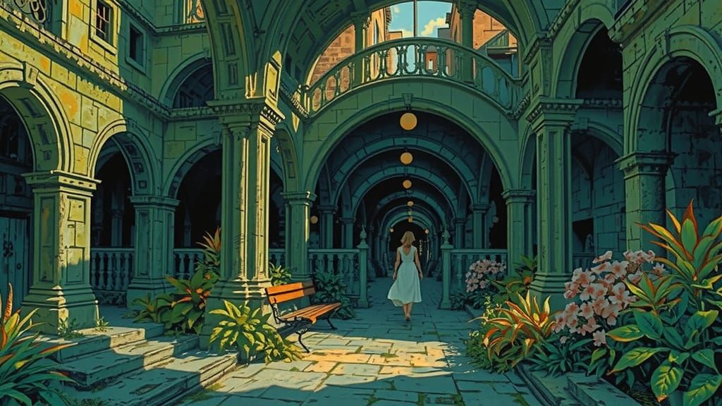 Woman Exploring Geometric Passageways in Watercolor Comic St...