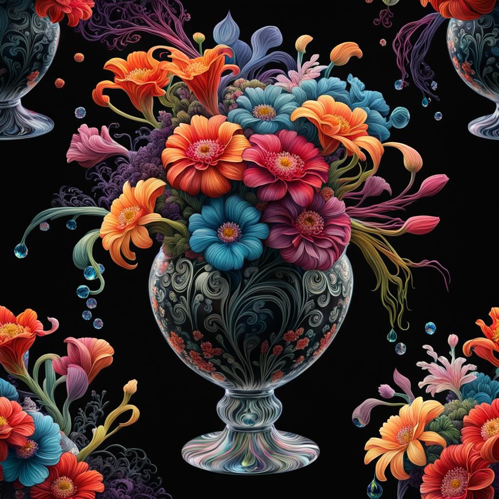 Surreal Flowers in Crystal Vase: Art Nouveau Sci-Fi