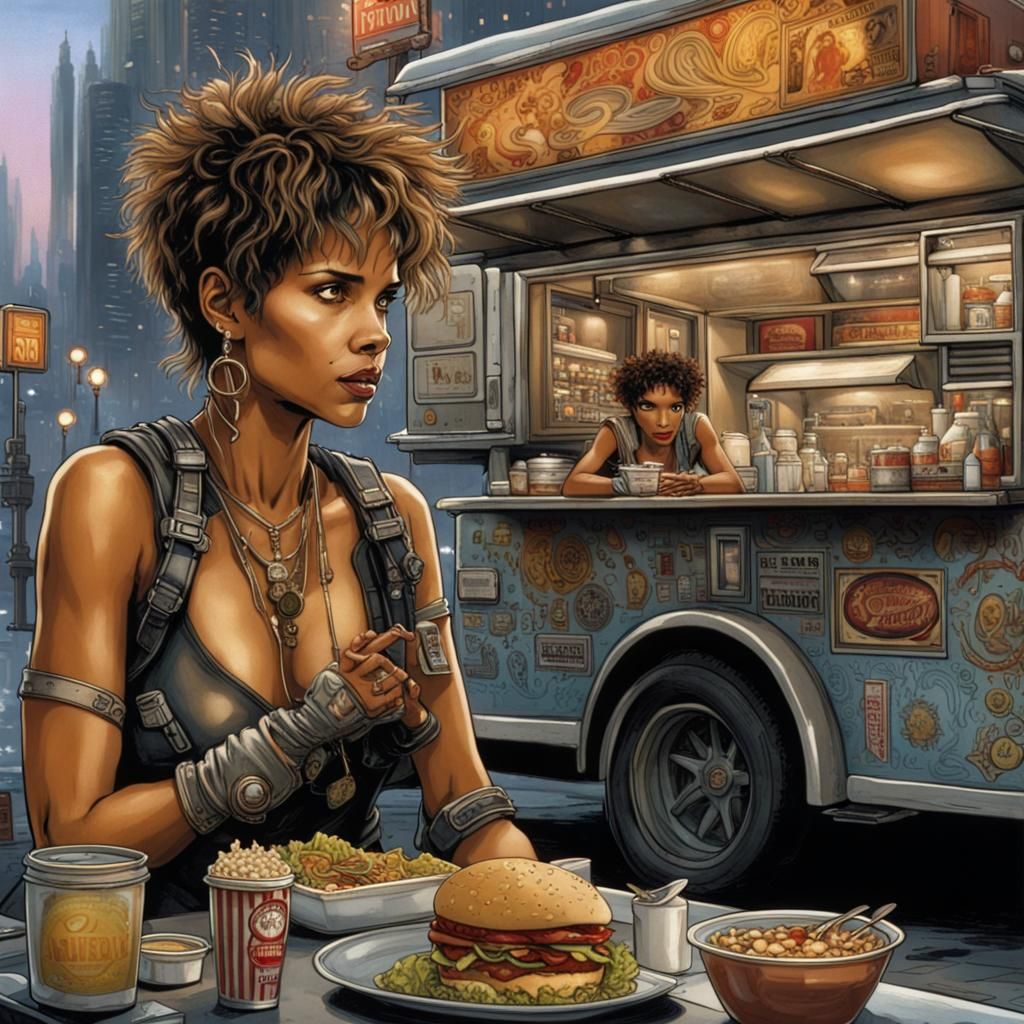 Astropunk Halle Berry in Cyberpunk City, Renaissance Style