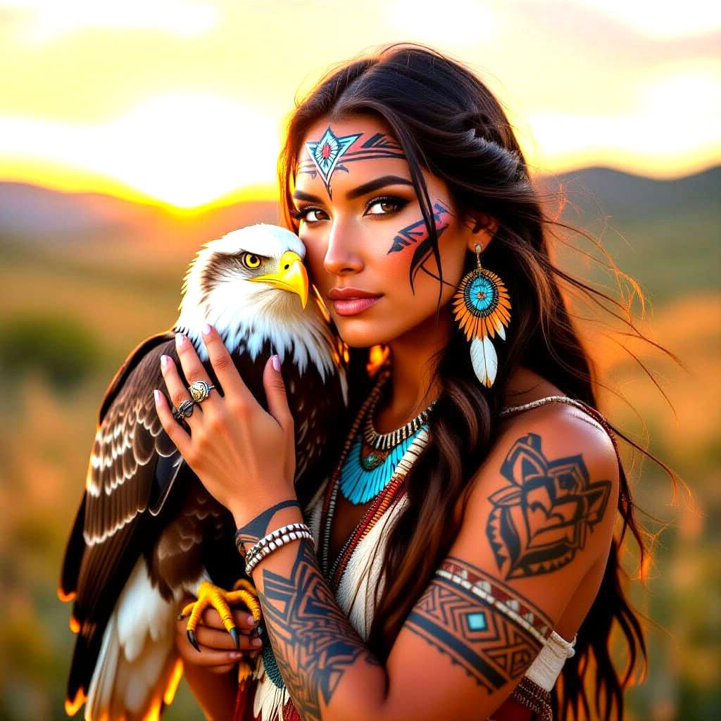 A striking Native American woman with intricate tribal tatto...