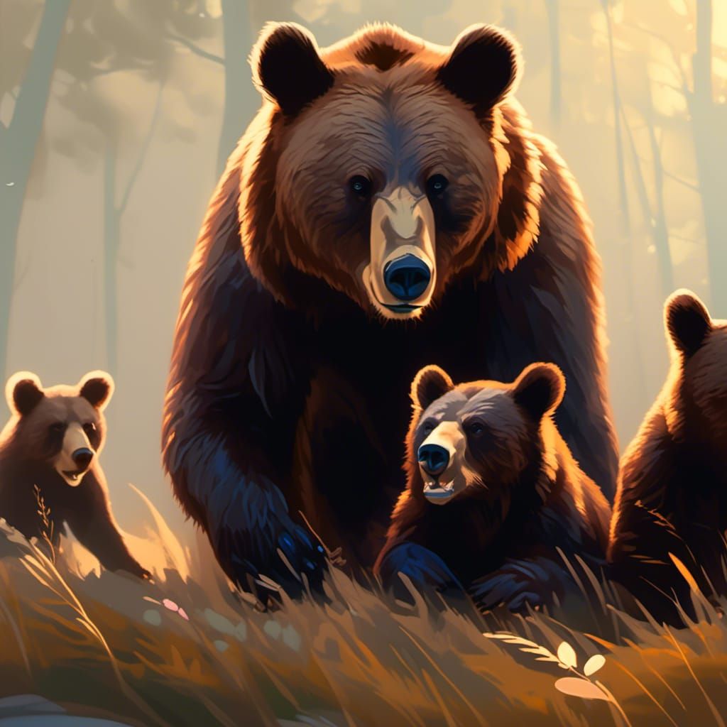 Mama Bear and Cubs Portrait in Detailed Art Style