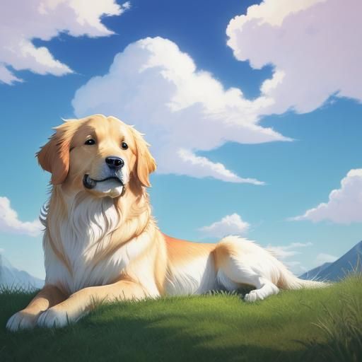 Golden Retriever Gazing Sky in Manga Style