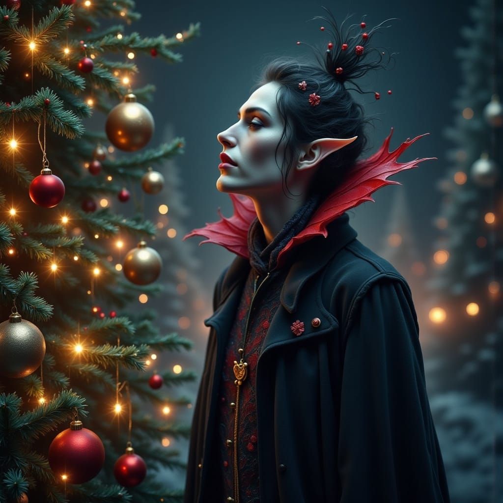 Gothic Vampire Admires Christmas Lights at Night