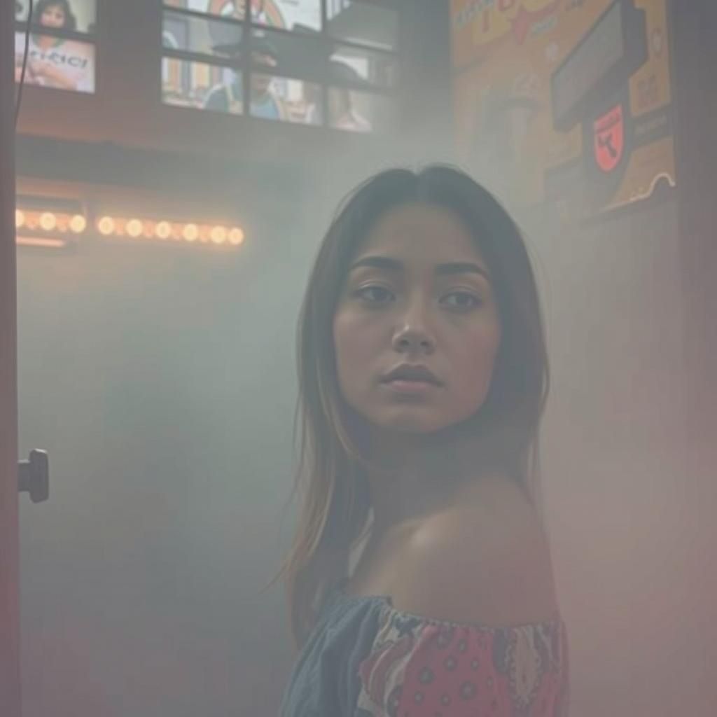 Ethereal Woman in Haze of Fog and Strobe Lights