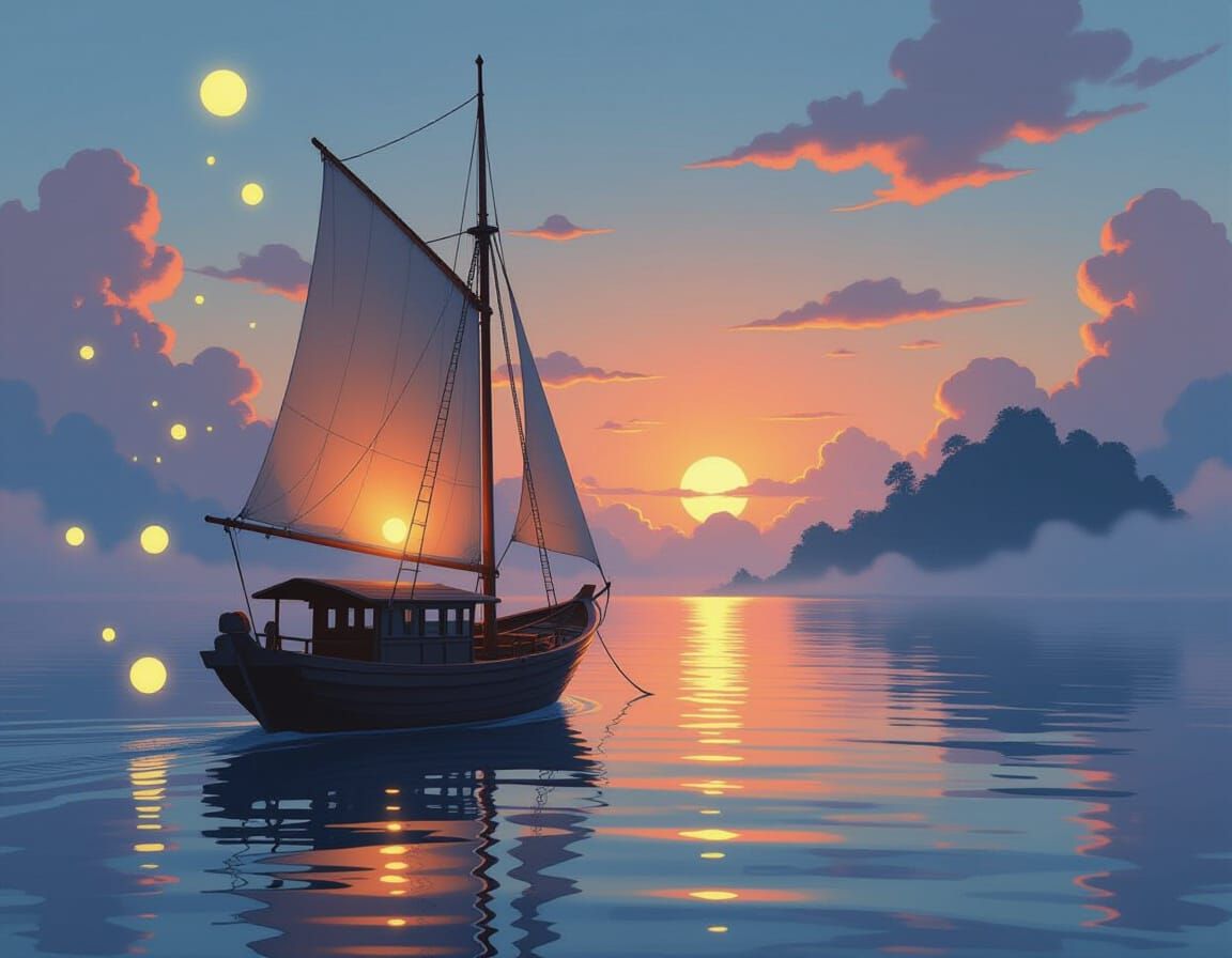Serene Boat on Tranquil Sea at Dawn