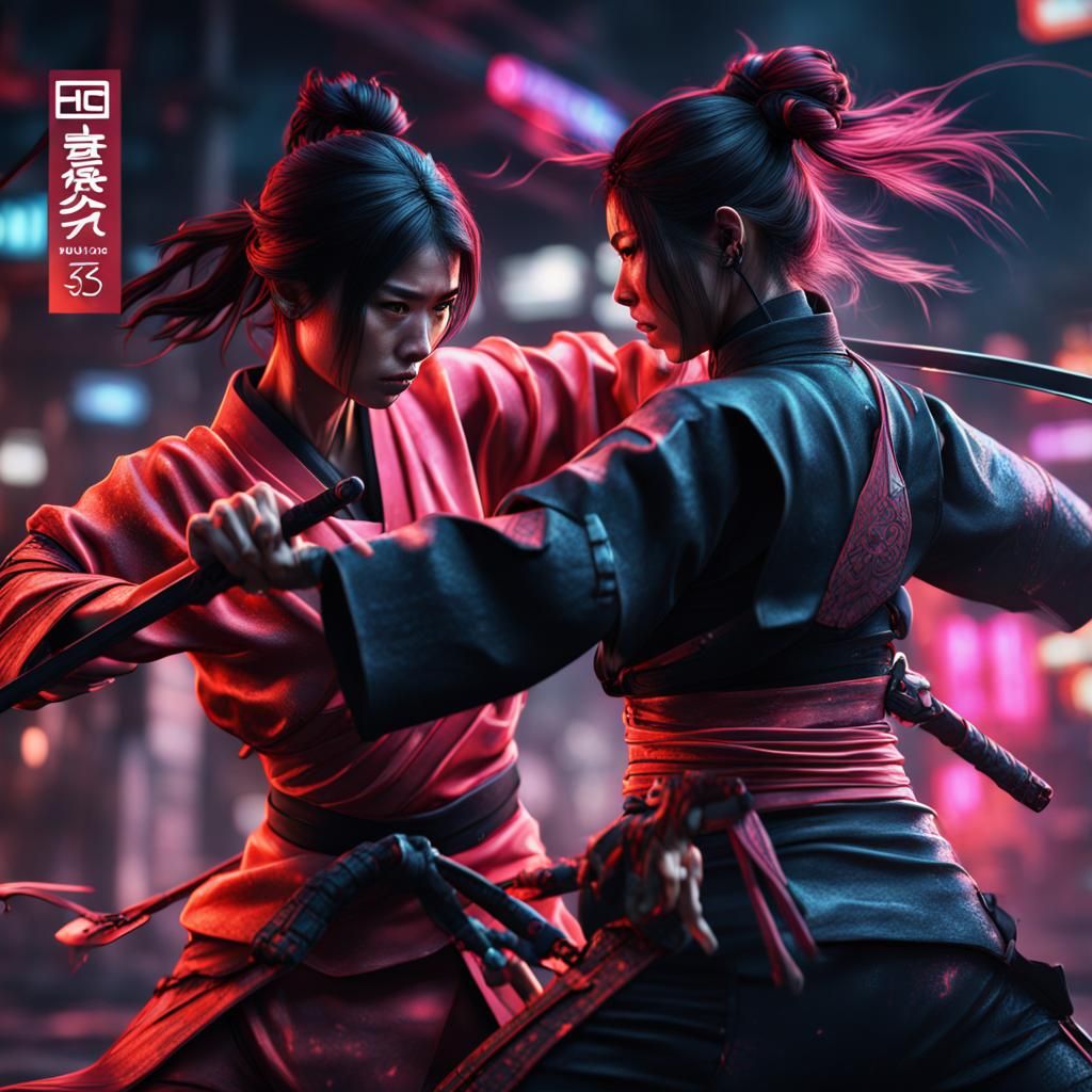 Neon Ninja Fight: Detailed Matte Painting