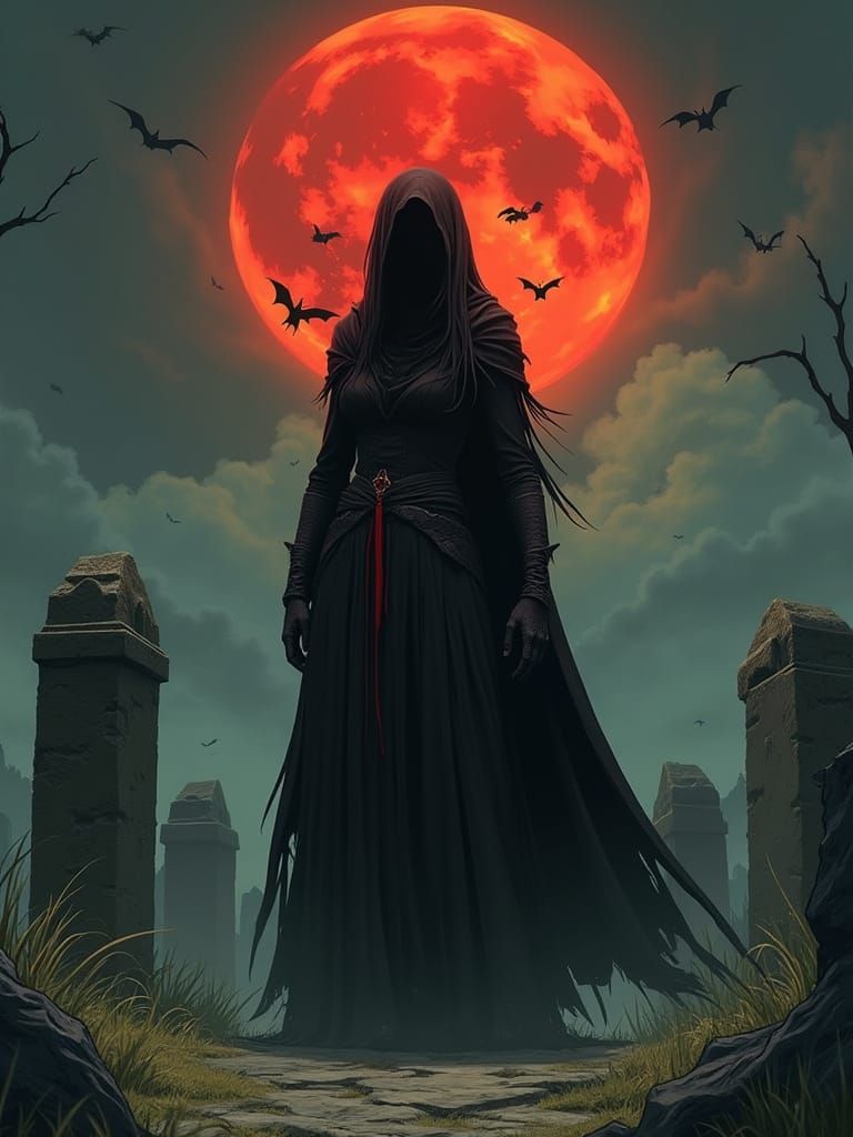 Manga-Style Death Cleric Summons Demons in Graveyard