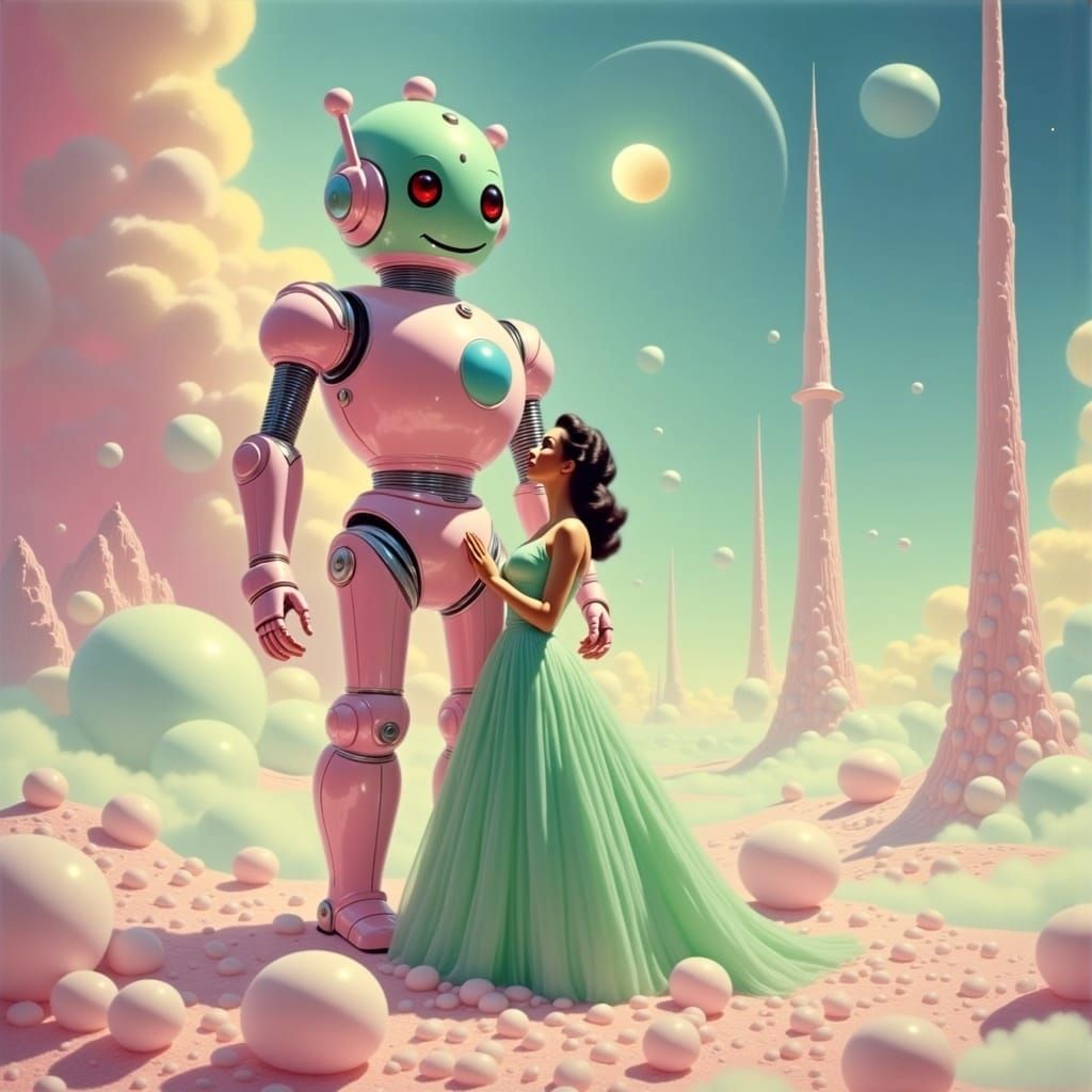 Marshmallowpunk Robot and Fainting Woman on Alien Planet