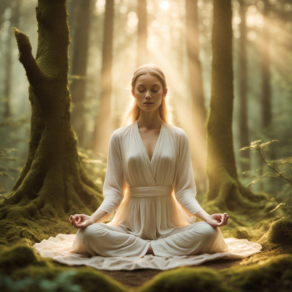 Woman Meditating in Ethereal Forest Clearing