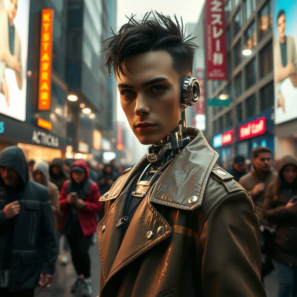 Android in Rainy City Center in Dystopian Style