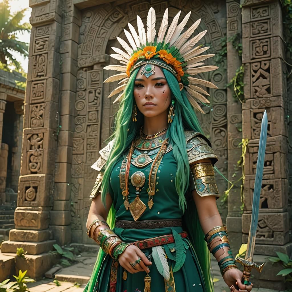 Anime Woman in Aztec Ruins: Ghibli-Inspired Portrait