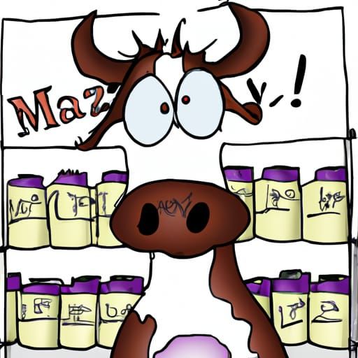 A shocked cartoon cow in a grocery store meat  section.
