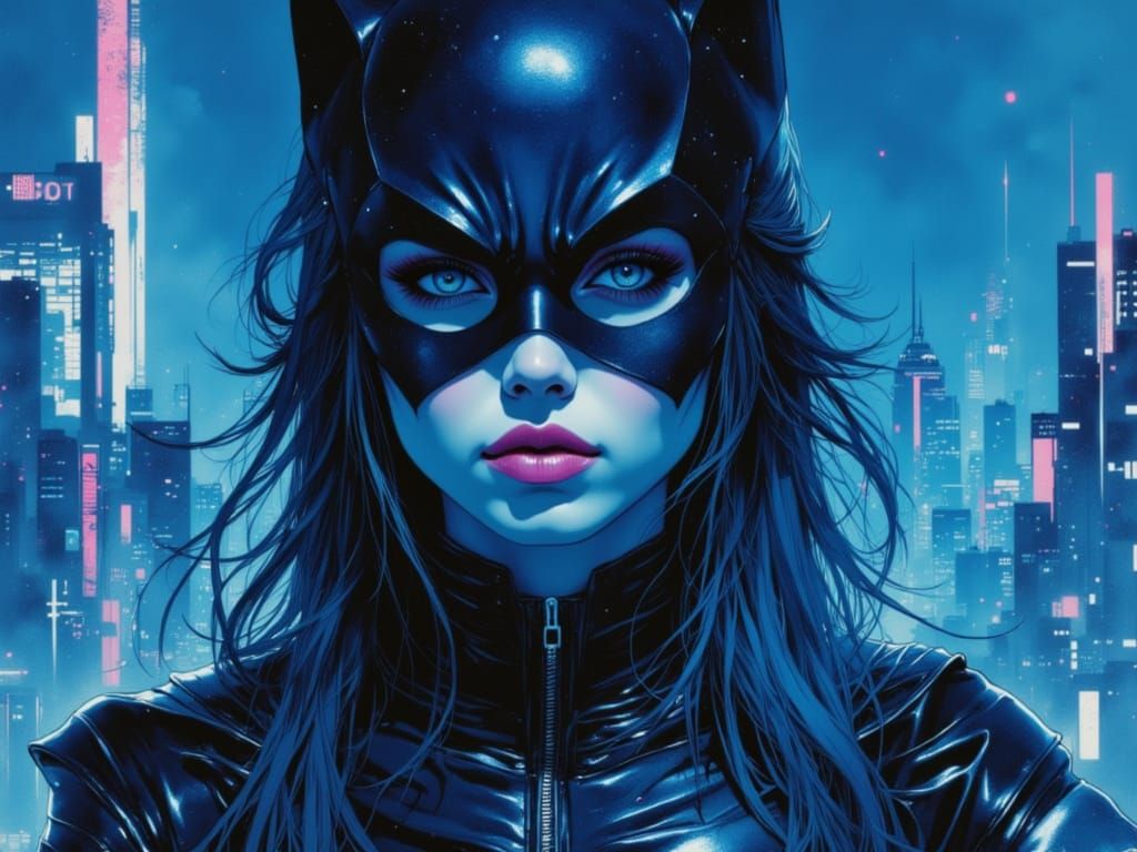 Cyberpunk Batgirl in Charcoal Night City