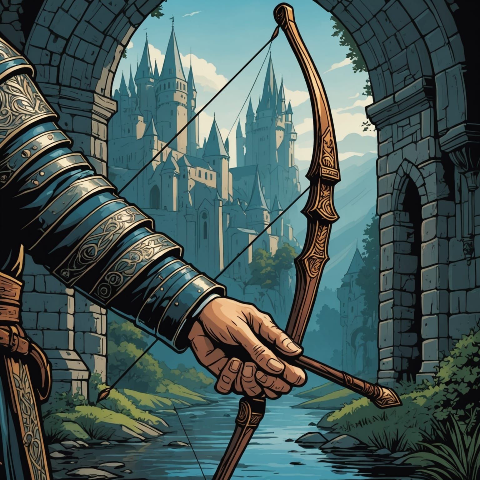 Hand Holds Medieval Bow: Comic Book Art