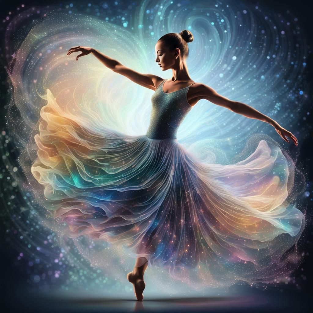 Ballerina Dancing with Holographic Wind in Opalescent Colors