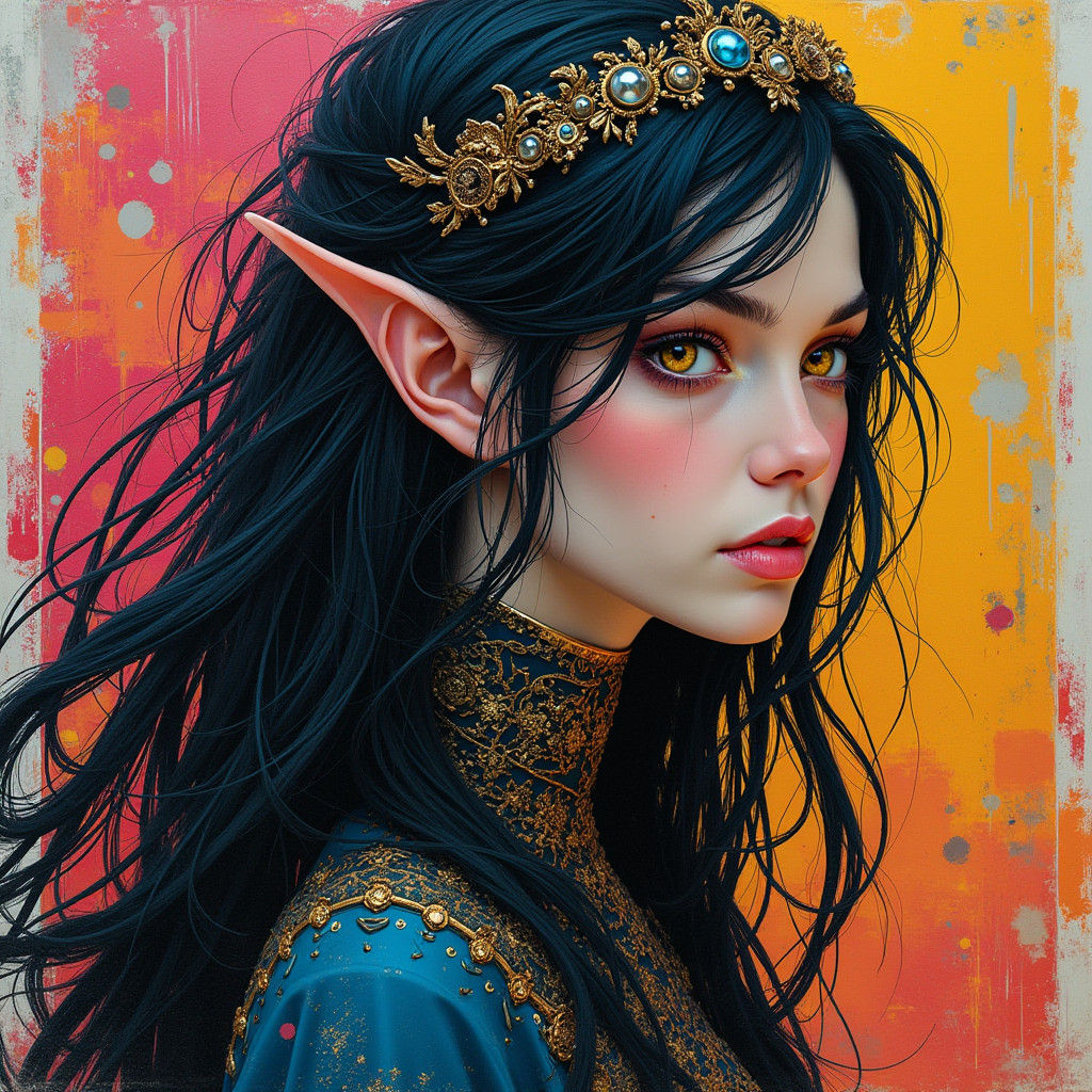 Regal Elven Queen in Dynamic Splash Art Style