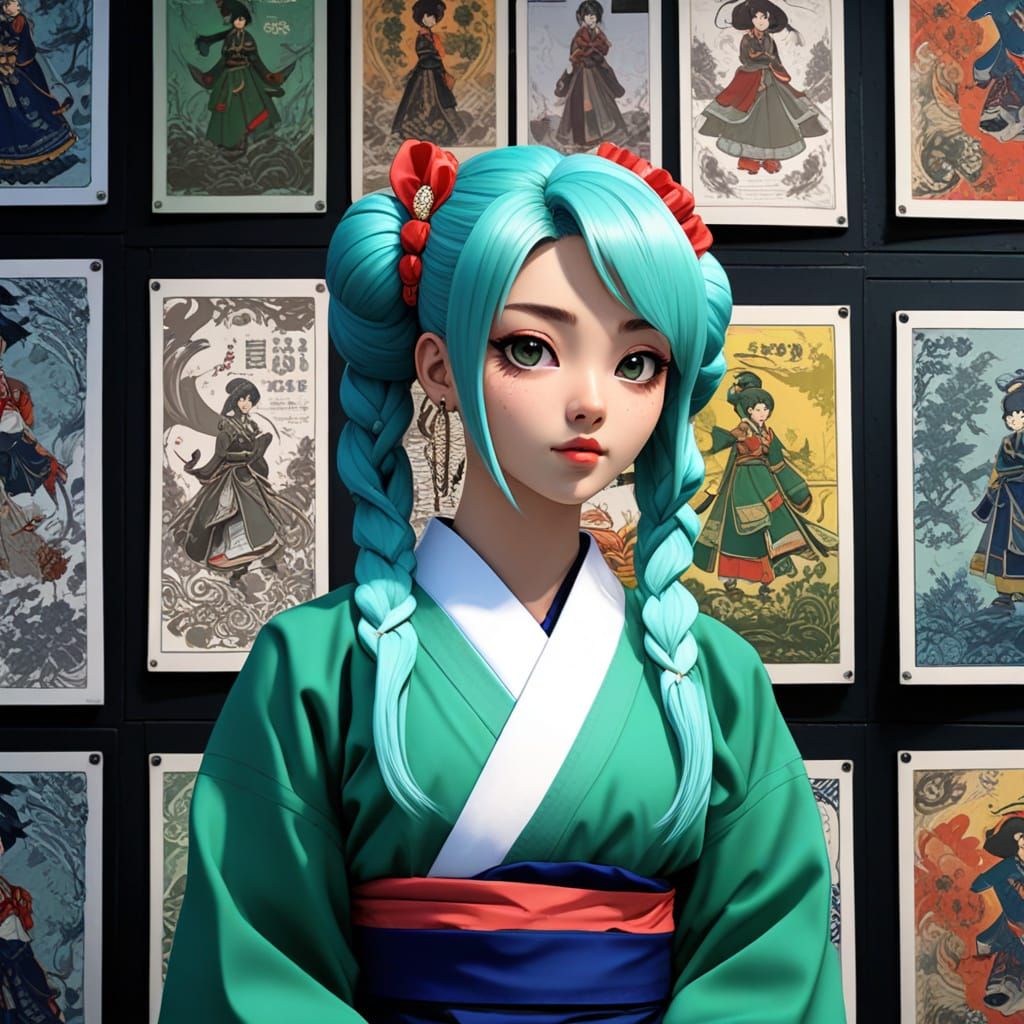 Anime Girl with Green Hair in Hanbok