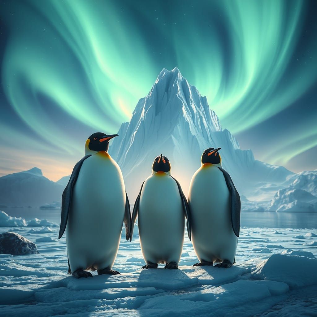 Majestic Emperor Penguins in Ethereal Aurora Borealis Landsc...