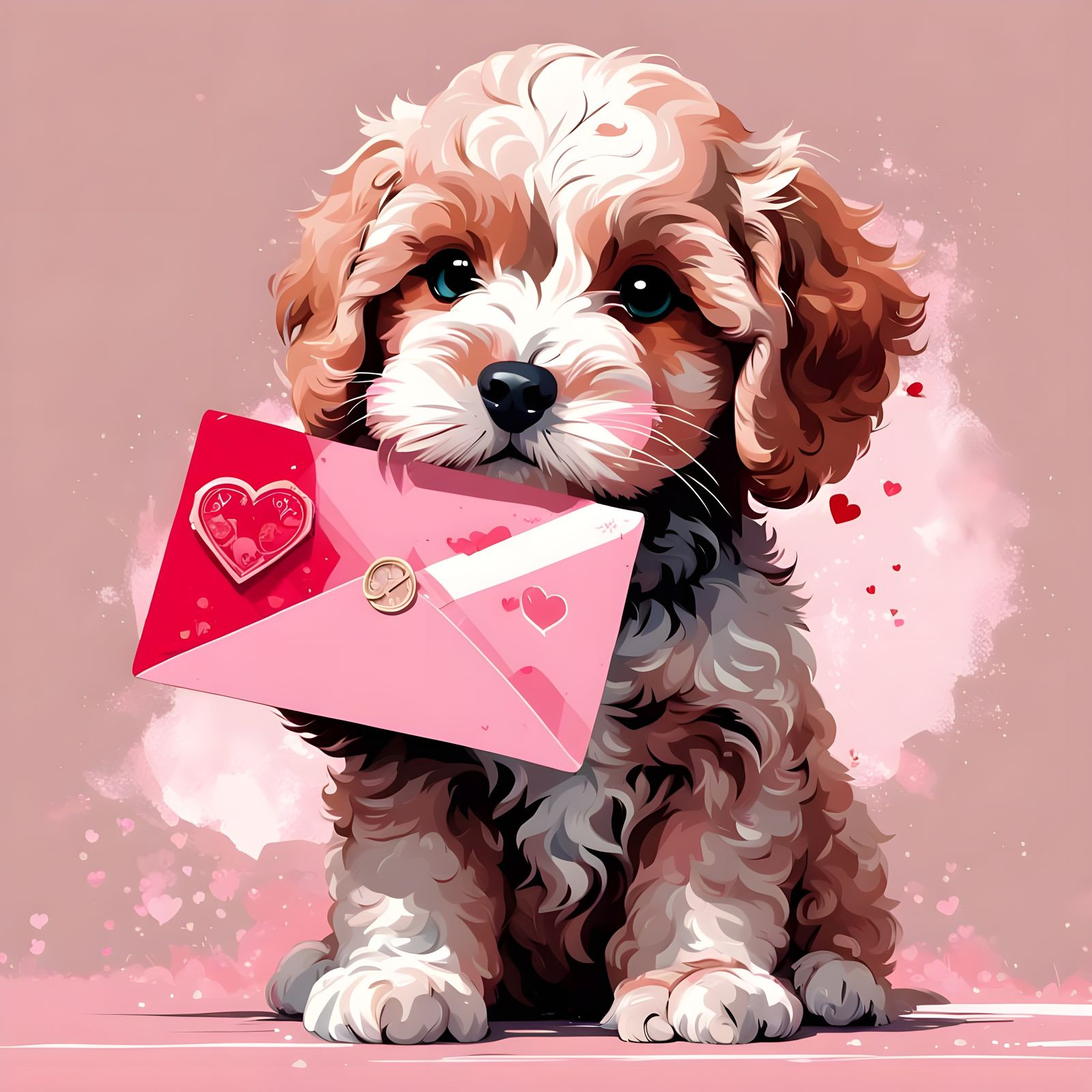 Cute Cavapoo Puppy Holding Pink Valentine's Day Envelope in ...
