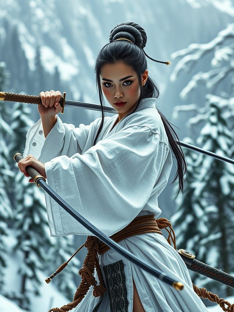 Hyperrealistic Japanese Warrior Woman in Snowy Forest
