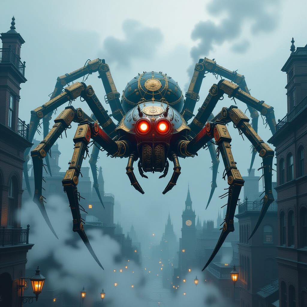 Clockwork Spider Emerges from Victorian Steampunk City
