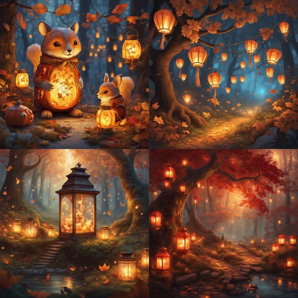 Joyous Autumn Lantern Festival in Enchanted Forest with Wood...