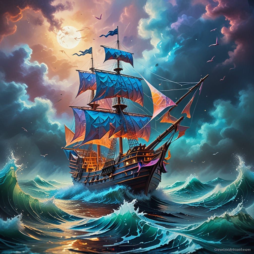 An origami galleon on a layered paper sea. A stylized painti...