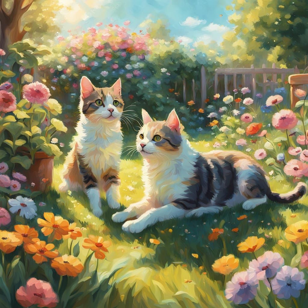Joyful Cat and Dog Play in Garden, Vibrant Oil Painting