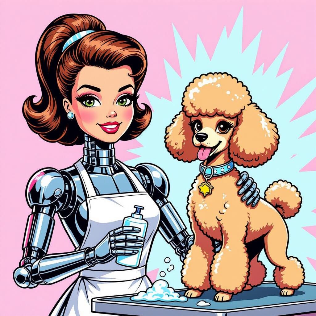 Fembot Poodle Groomer with Bubbling Shampoo in Comic Style