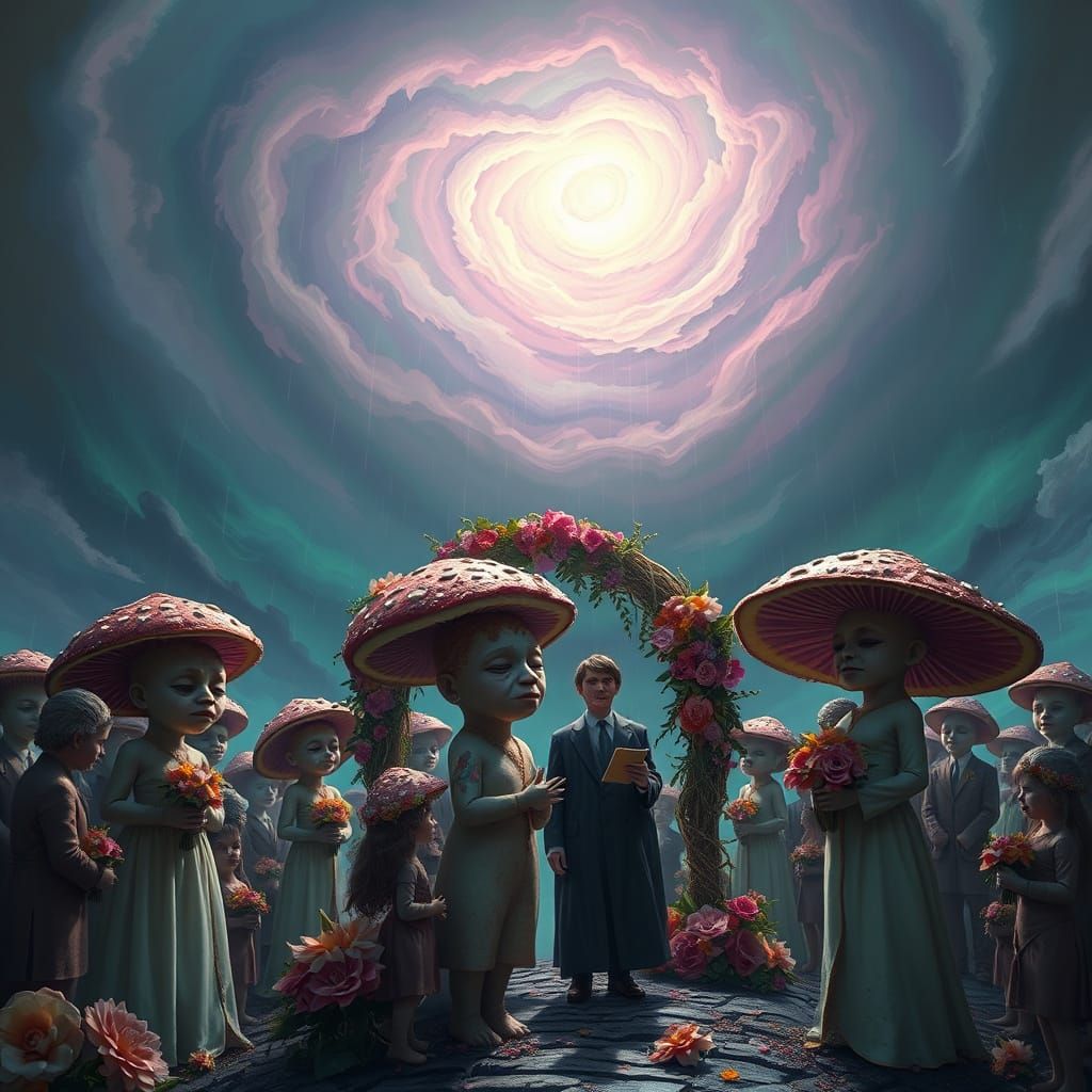 Psychedelic Mushroom Wedding in Surreal Rain