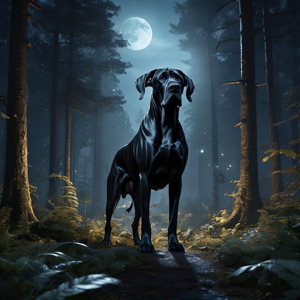 Black Great Dane in Dark Fantasy Forest