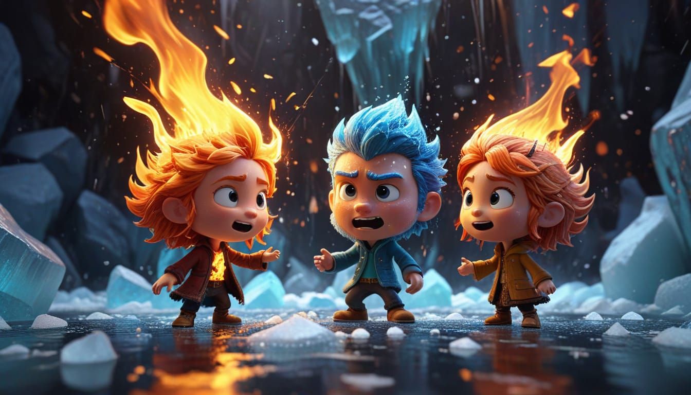 Fire and Ice Argue in Whimsical Cartoon Style