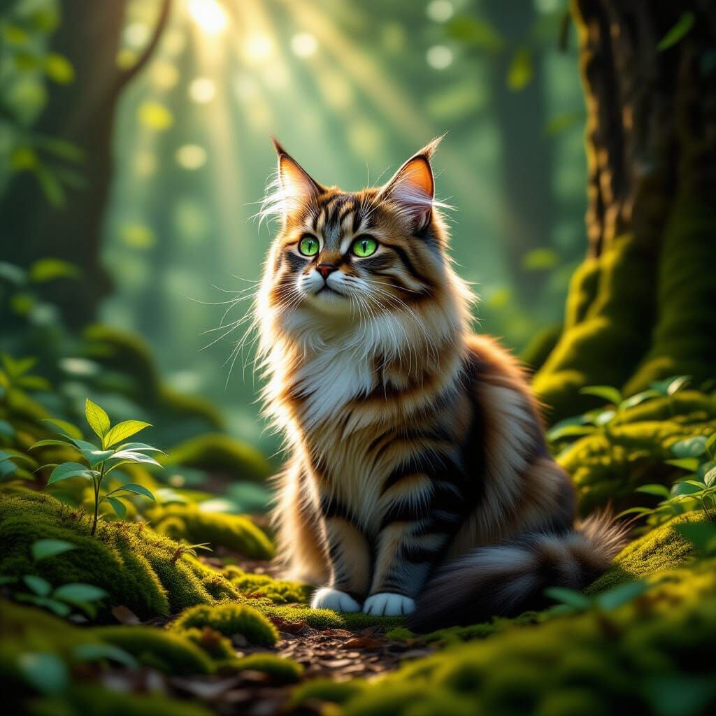 Photorealistic Cat in Sunlit Woodland