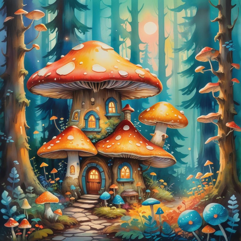 Whimsical Gouache Watercolor of a Mushroom House in Glowing...
