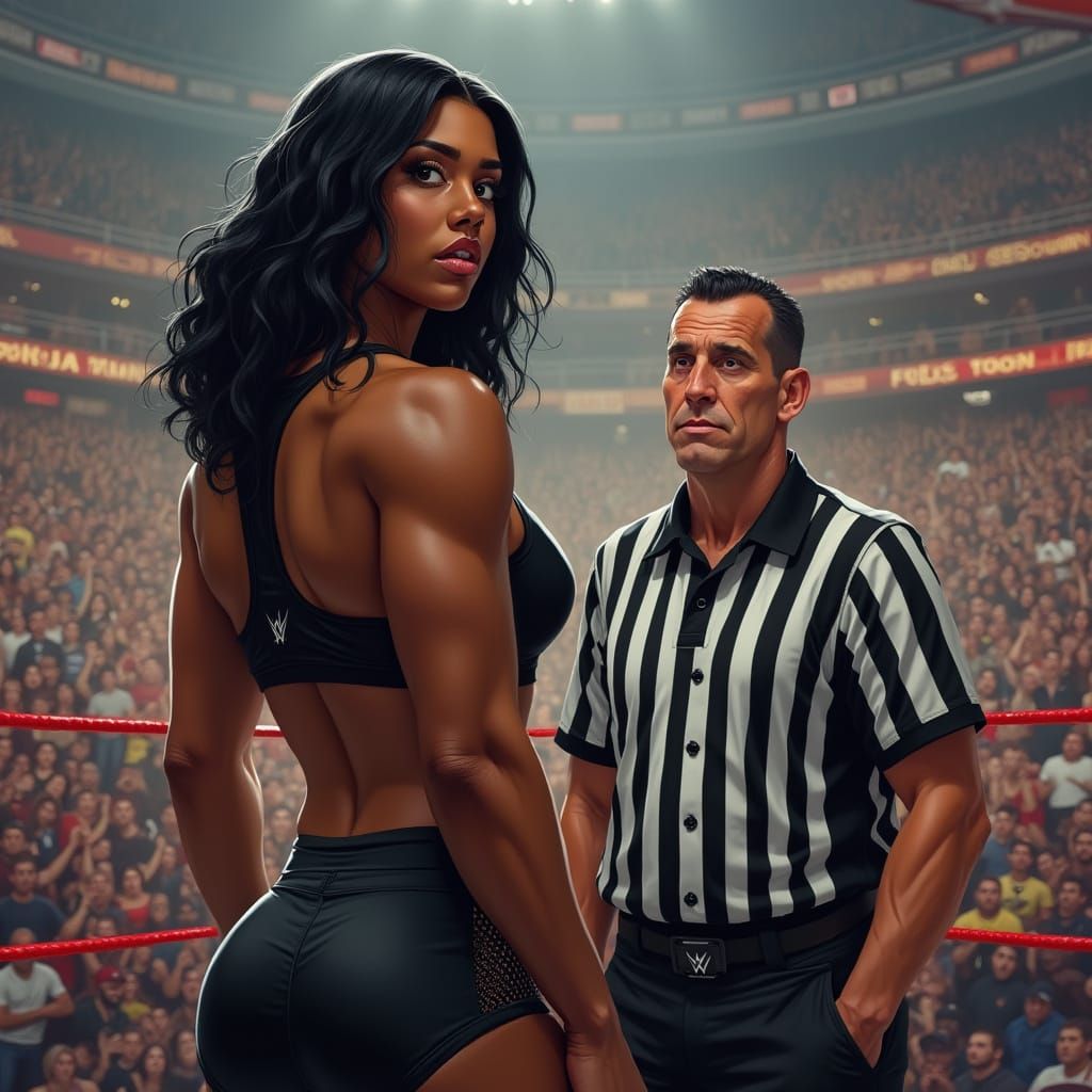 Confident Wrestler in Crowded Ring, Hyperrealistic Style