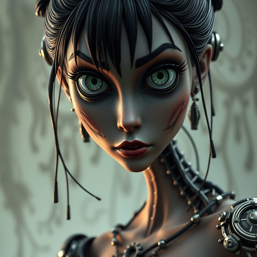 Dark Fantasy Female Character with Big Eyes in Tim Burton St...
