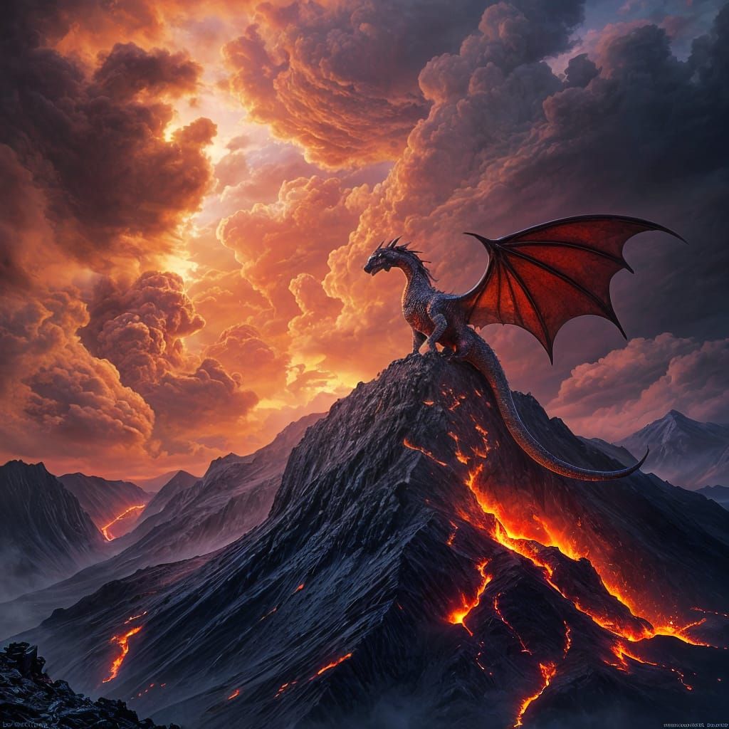 Majestic Dragon Amidst Ablaze Volcano in Vibrant Iridescent ...