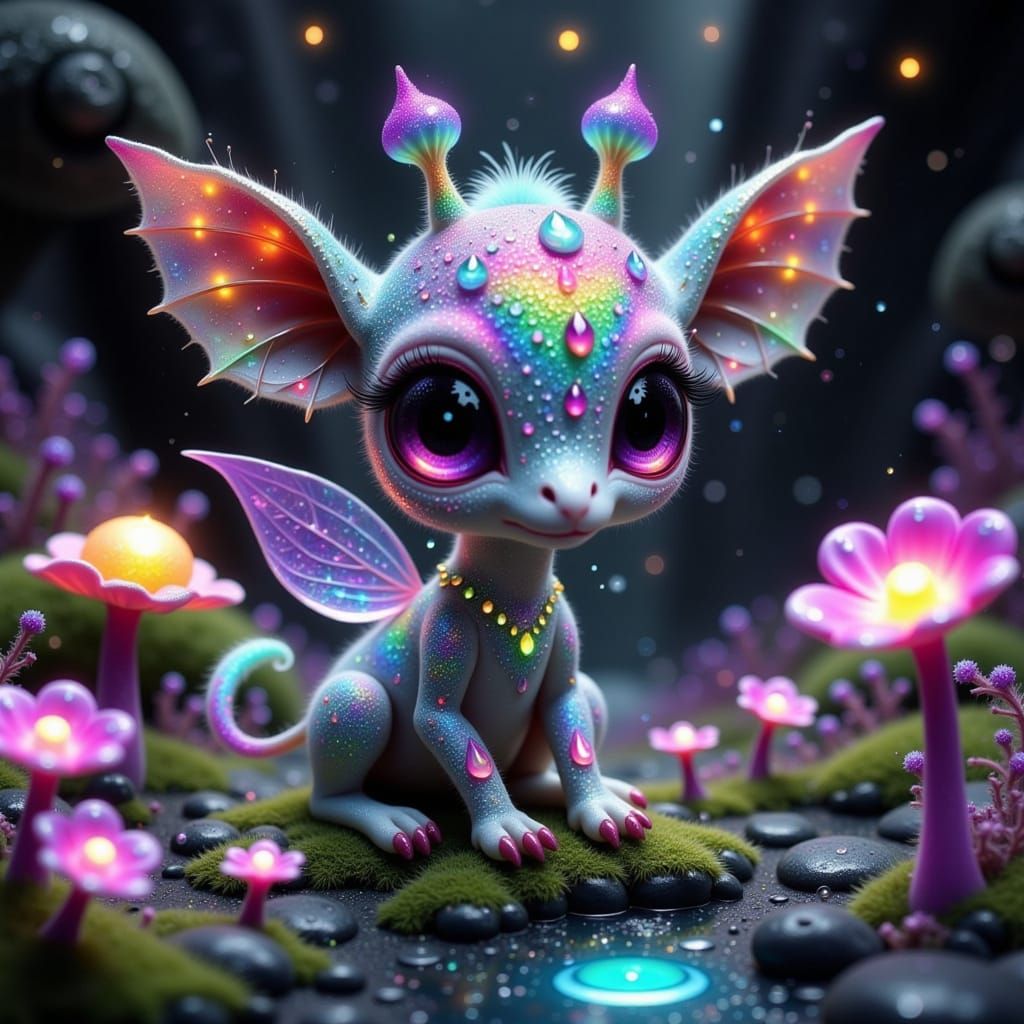 Vibrant Fae Creature in Dark Crystal Cave