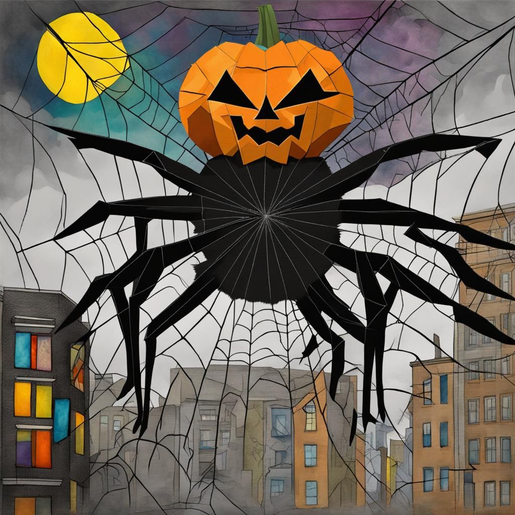 Giant Jack o lantern origami  Black spider  kaiju  creature   with antlers, black jackalope,  in an urban city   dreamsc...